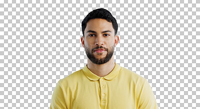 Buy stock photo Man, headshot and portrait for casual fashion, plain yellow tshirt and style on png transparent background. Face, Mexican model with confidence and simple outfit with color and cool aesthetic