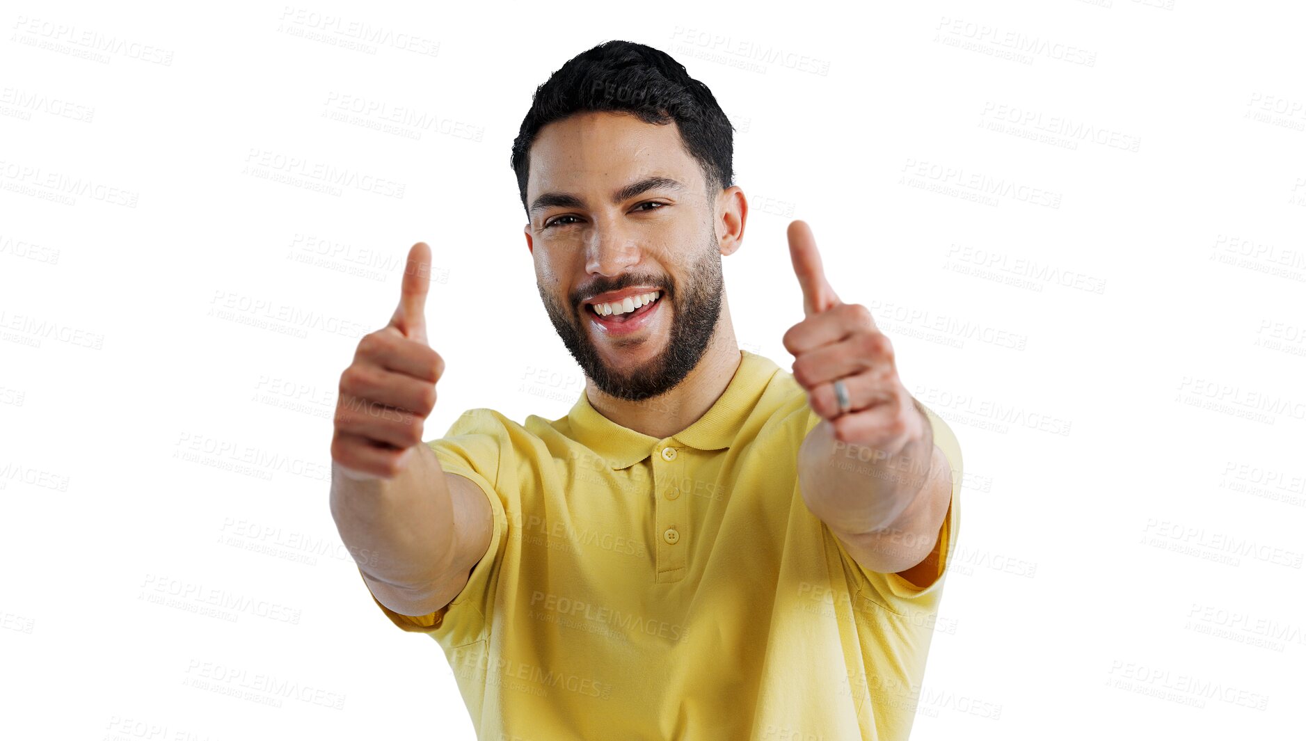 Buy stock photo Portrait, happy man and thumbs up agreement, success or hand support sign on isolated, transparent or png background. Winner, emoji and face of excited person with feedback, vote or service review