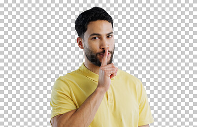 Buy stock photo Secret, portrait and man with finger on lips for gossip, mute or quiet gesture on isolated, transparent or png background. Whisper, hands and face of male person with hush, news or confidential emoji