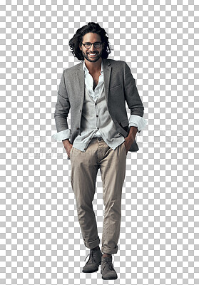 Buy stock photo Isolated man, fashion and happy in suit with vintage style, glasses and confident by transparent png background. Person, hipster or portrait in clothes with smile, pride and retro outfit in Turkey