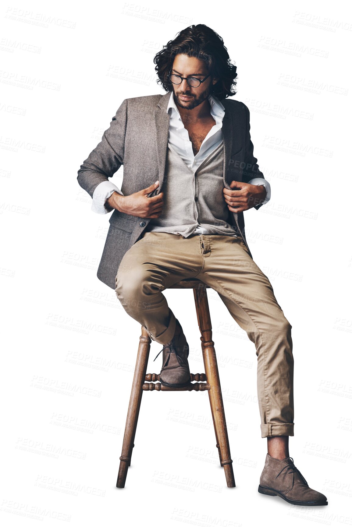 Buy stock photo Businessman, chair and suit in fashion of handsome guy on a transparent PNG background. Young man, hipster or model posing in formal clothing, business attire or style with glasses and cool attitude