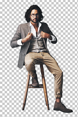 Buy stock photo Serious, chair and portrait of business man on isolated, PNG and transparent background. Professional style, fashion and person sitting with trendy clothes, stylish outfit and confidence for career