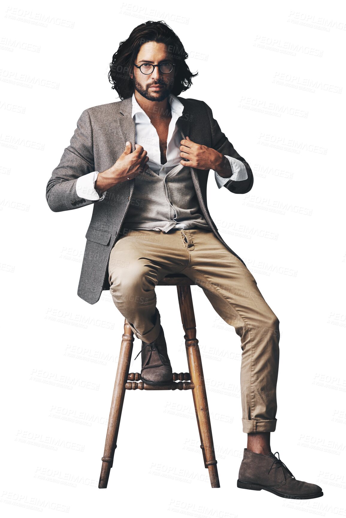 Buy stock photo Serious, chair and portrait of business man on isolated, PNG and transparent background. Professional style, fashion and person sitting with trendy clothes, stylish outfit and confidence for career