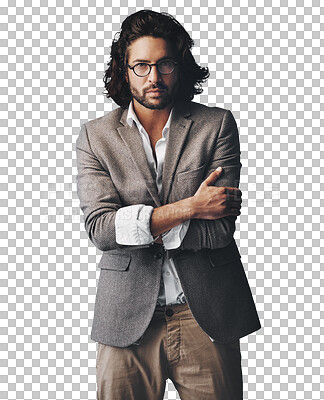 Buy stock photo Businessman, portrait and fashion with cool suit, style or formal clothing on a transparent PNG background. Face of handsome male person, Indian or model posing with glasses and shirt in confidence