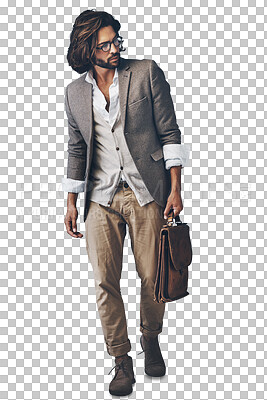Buy stock photo Isolated man, leather bag and glasses with looking for vintage fashion with travel by transparent png background. Person, luggage and retro clothes with suit, thinking and remember in Istanbul