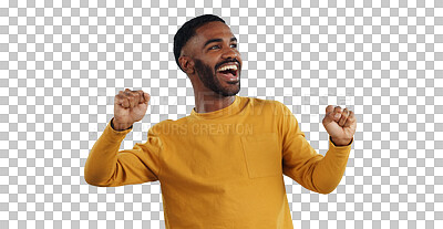 Buy stock photo Isolated African man, fist and celebration with smile for success, cheers or goals by transparent png background. Excited person, winner and happy for achievement, prize and giveaway in competition