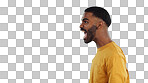 Stress, angry and man shouting in studio with anxiety, frustrated or disaster on blue background. Mistake, fail and profile of guy model with screaming reaction to mental health crisis, fear or panic