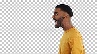 Buy stock photo Stress, angry and man shouting in studio with anxiety and frustrated isolated on a transparent, png background. Mistake, fail and profile of male person with screaming to mental health, fear or panic