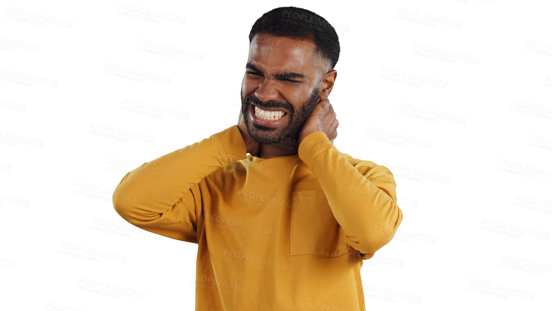 Buy stock photo Neck pain, stress and man frustrated with headache, tension or pressure isolated on a transparent, png background. Worry, anxiety and face upset male model with burnout or hurt muscle from injury