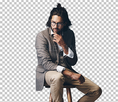 Buy stock photo Isolated man, chair and style with suit for idea, vision or memory by transparent png background. Person, hipster or model for choice with thinking, wood stool or glasses with retro fashion in Turkey