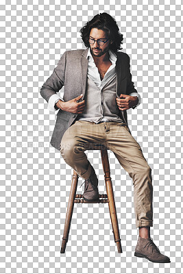 Buy stock photo Isolated man, fashion and jacket with suit for idea, ready or choice by transparent png background. Person, hipster or model for decision, thinking and glasses on stool with retro clothes in Istanbul
