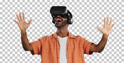 Buy stock photo African man, virtual reality glasses and wow for games, futuristic ui and isolated by transparent png background. Person, AR goggles and open palm for 3D user experience in metaverse with surprise
