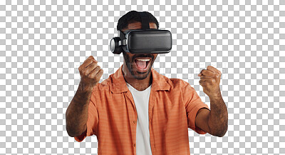 Buy stock photo African man, virtual reality glasses and celebration for game, ui and isolated by transparent png background. Person, AR goggles and cheers with 3D user experience in futuristic metaverse with fist