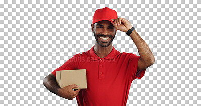 Buy stock photo Happy man, portrait and box with delivery for shipping, order or logistics on a transparent PNG background. Male person, professional or courier guy with smile, hat and parcel for online package
