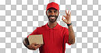 Delivery man, box and okay hands for success, product excellence and courier services in studio. Happy face of supply chain worker or african person for package or distribution on blue background