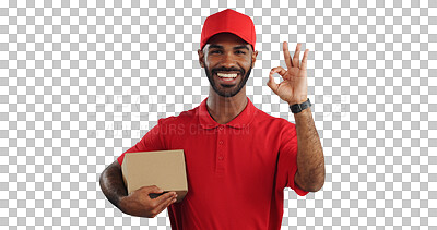 Buy stock photo Happy man, portrait and box with ok sign for delivery, order or successful purchase on a transparent PNG background. Smile and young courier guy with like emoji, yes or okay for good job or service