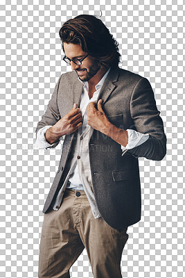 Buy stock photo Fashion, happy and business man with smile on isolated, PNG and transparent background. Professional, style and person with confidence, positive attitude or pride in trendy, stylish clothes or outfit