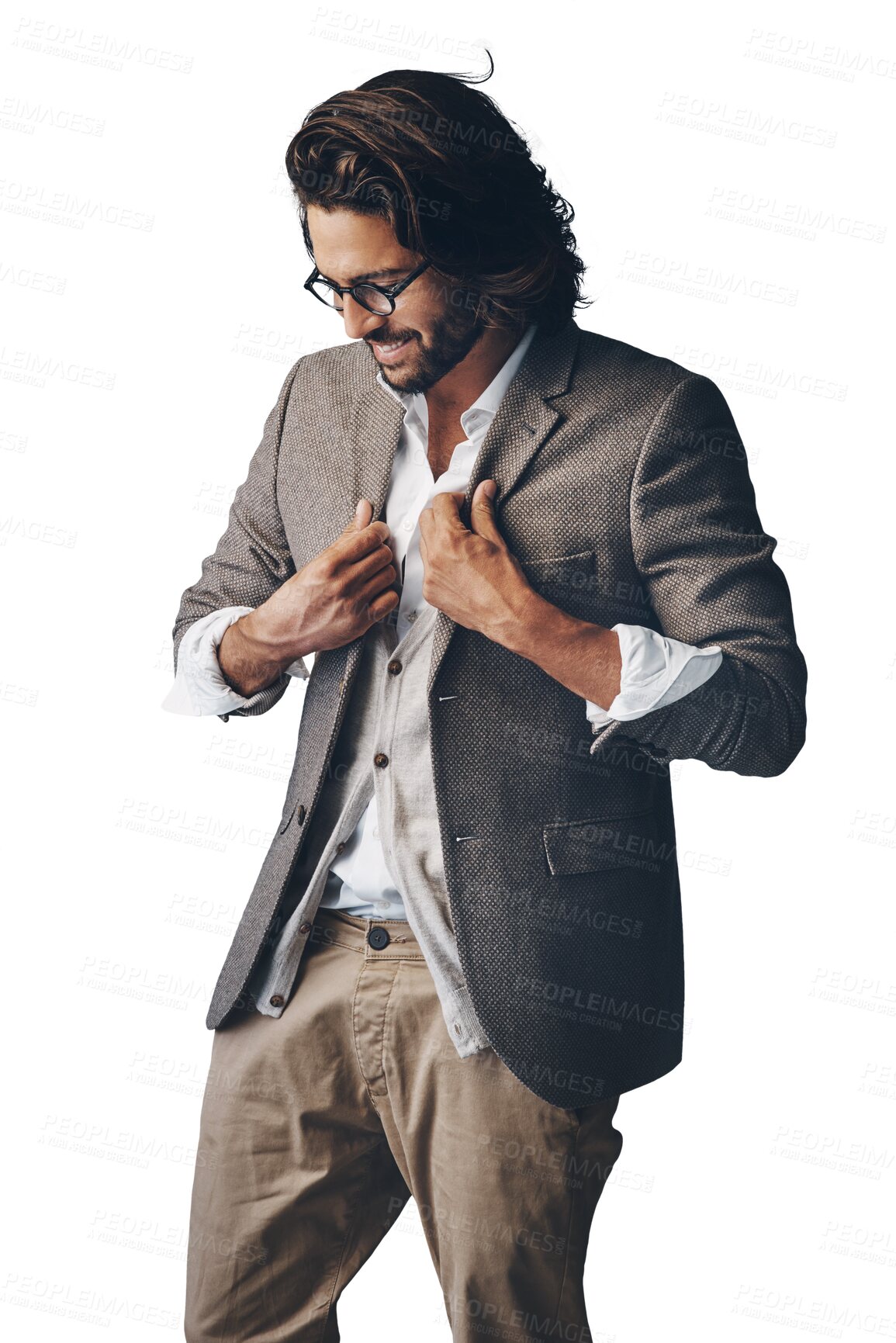 Buy stock photo Fashion, happy and business man with smile on isolated, PNG and transparent background. Professional, style and person with confidence, positive attitude or pride in trendy, stylish clothes or outfit