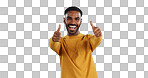 Happy, face and man with thumbs up in studio for support, motivation or vote on blue background. smile, portrait and excited male model with hand emoji for winning, thank you or success gesture