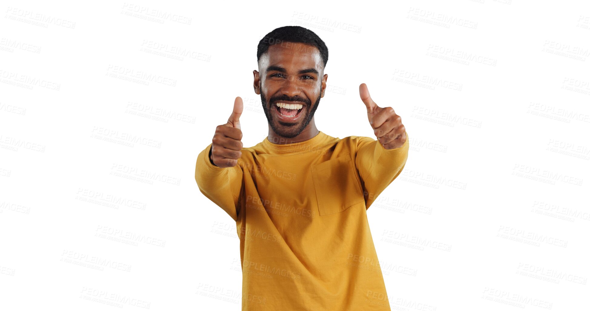 Buy stock photo Happy man, portrait and thumbs up for winning, celebration or success on a transparent PNG background. Smile or young male person with like emoji, yes sign or OK for thank you, positivity or good job