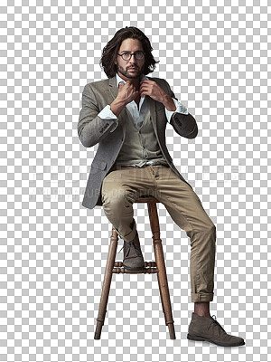 Buy stock photo Fashion, portrait and business man on chair on isolated, PNG and transparent background. Professional style, serious and person sitting with trendy clothes, stylish outfit and confidence for career