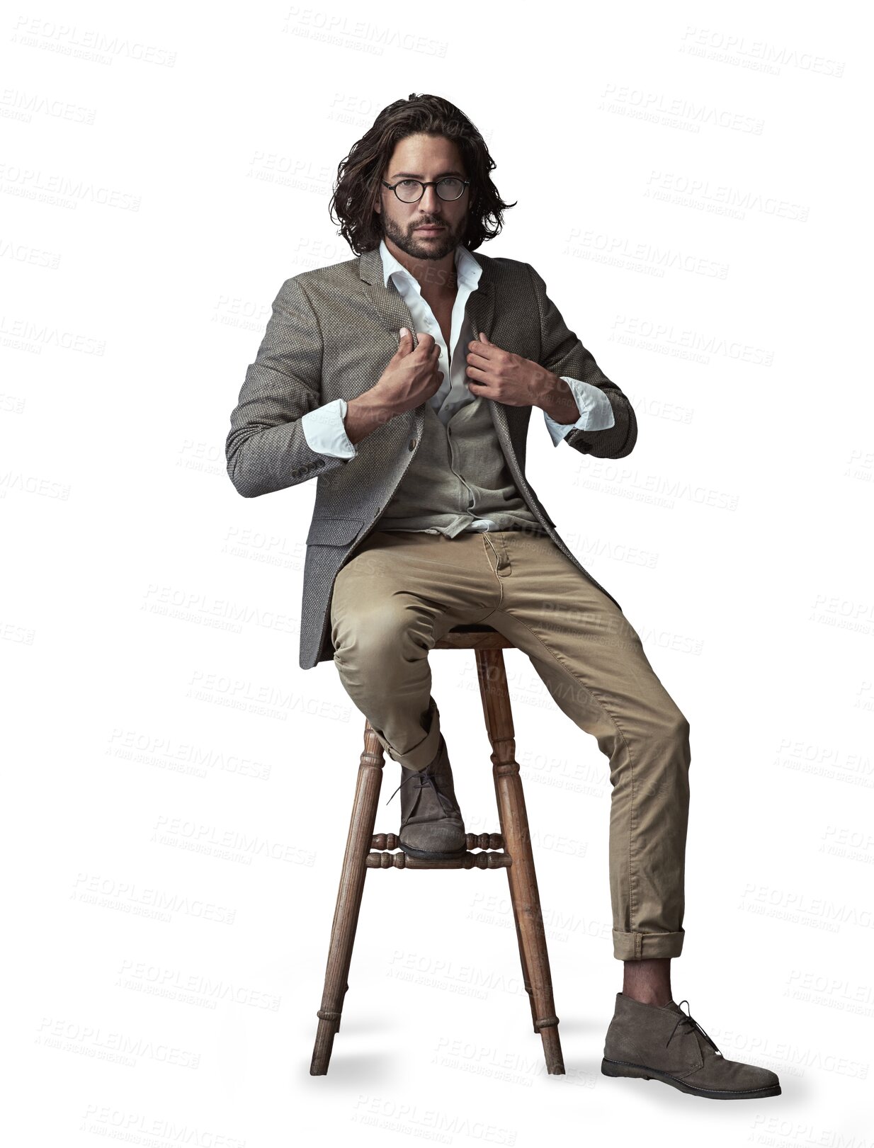 Buy stock photo Confident, portrait and business man on chair on isolated, PNG and transparent background. Professional style, serious and person sitting with trendy clothes, stylish outfit and fashion for career