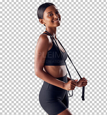 Buy stock photo Fitness, jump rope and portrait of Indian woman for skipping, cardio workout or training. Happy, smile and person with gym equipment for wellness or sports on isolated, png and transparent background