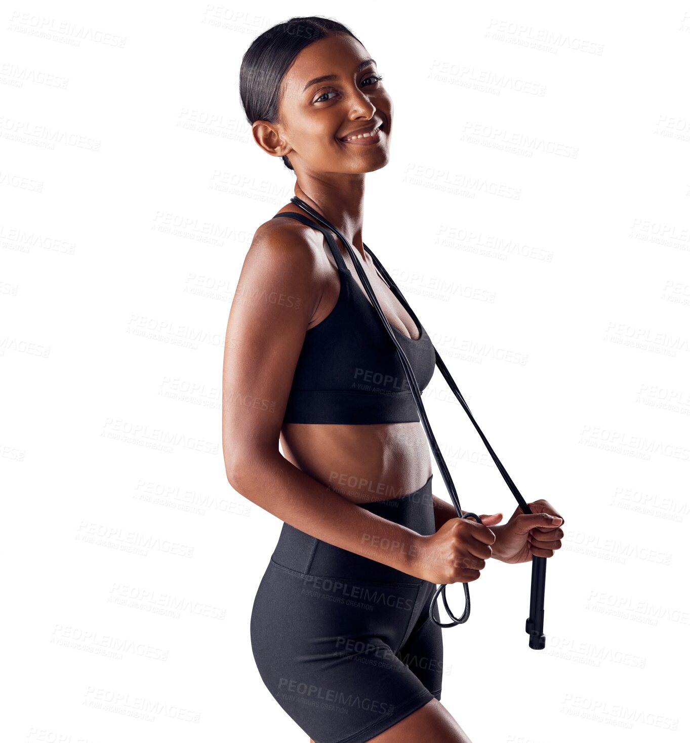 Buy stock photo Fitness, jump rope and portrait of Indian woman for skipping, cardio workout or training. Happy, smile and person with gym equipment for wellness or sports on isolated, png and transparent background