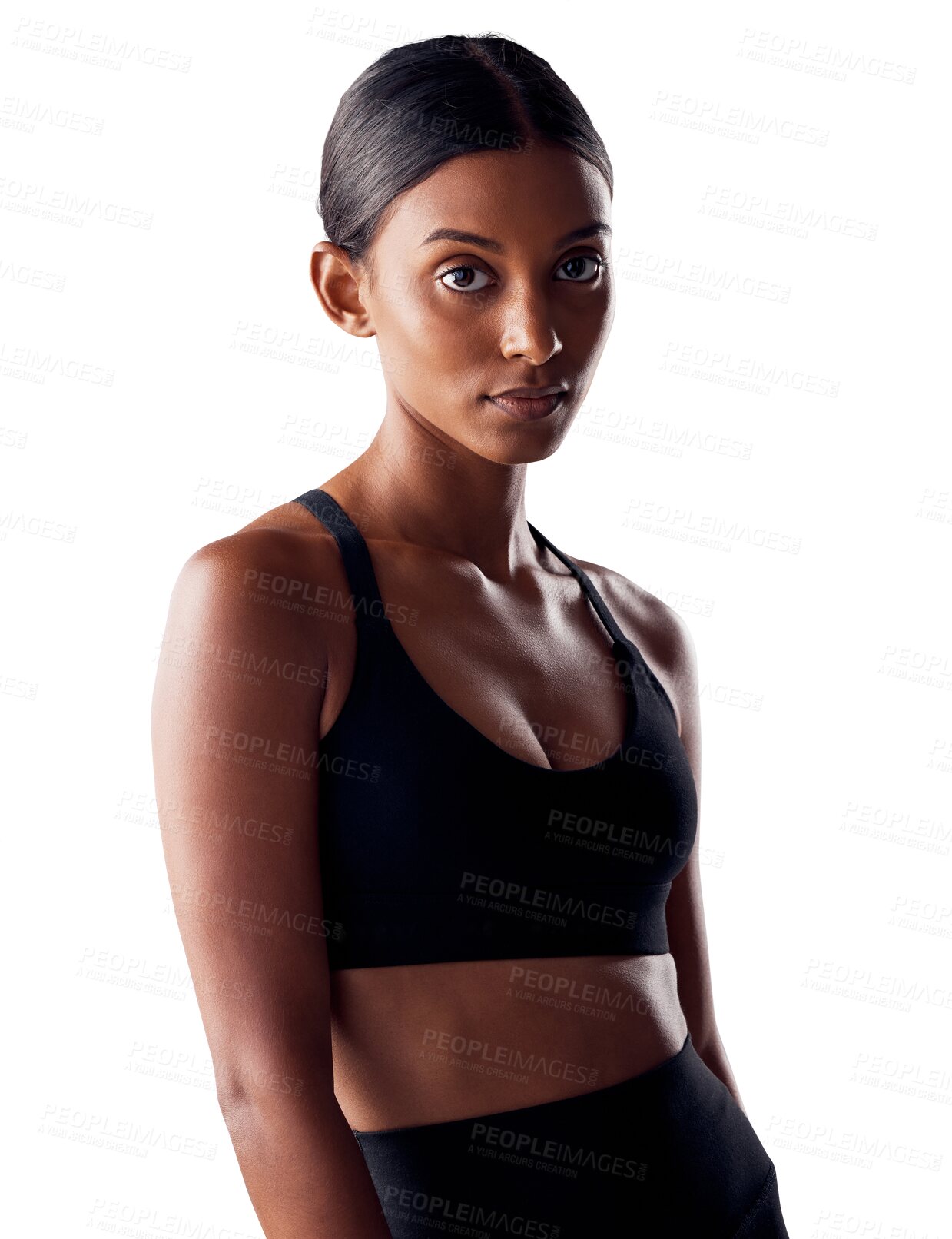 Buy stock photo Fitness, confidence or portrait of indian woman for training, sports or workout for healthy body. Exercise, athlete and face of girl with commitment to gym and isolated on transparent png background