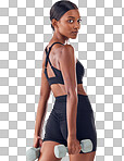 Woman, portrait and dumbbell exercise in studio for strong body, wellness and healthy lifestyle goals. Indian female, bodybuilder and weights for fitness, training and muscle energy in sports workout