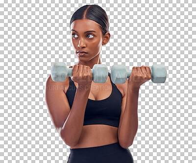 Buy stock photo Weights, fitness and face of Indian woman for training, exercise and bodybuilder workout. Sports, athlete and serious person with dumbbells for wellness on isolated, png or transparent background