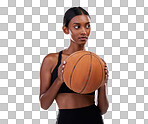 Basketball exercise, sports and studio woman for workout challenge, practice game or fitness competition. Performance training, health commitment and athlete model isolated on gradient background
