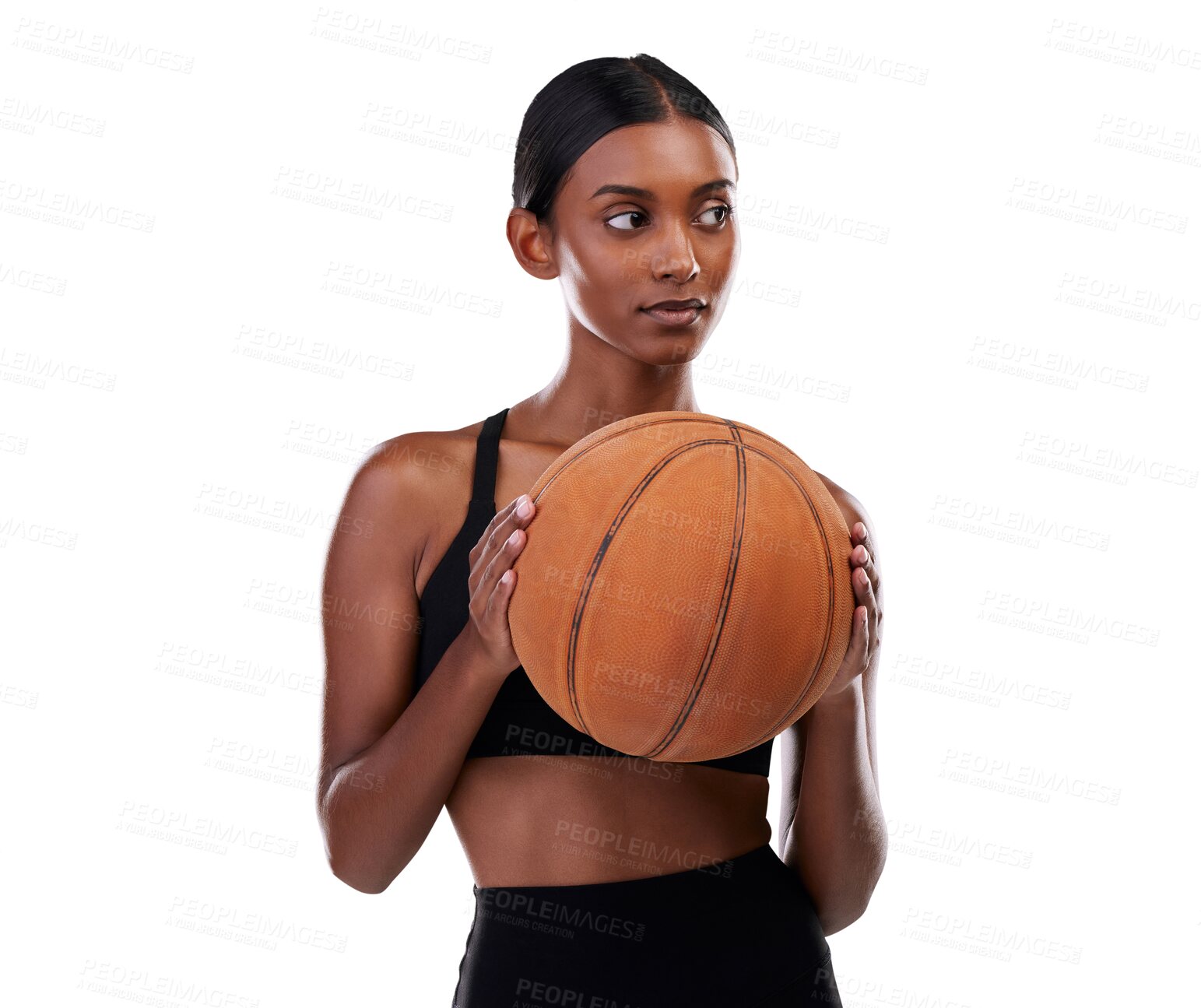 Buy stock photo Fitness, basketball and woman with exercise, ball and training in competition game. Performance, workout or sports, athlete with serious face and confidence isolated on transparent png background.