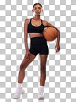 Body, portrait and black woman in basketball sports isolated on gradient background workout, training and exercise. Confident Indian athlete, person or studio model for fitness, challenge and fashion