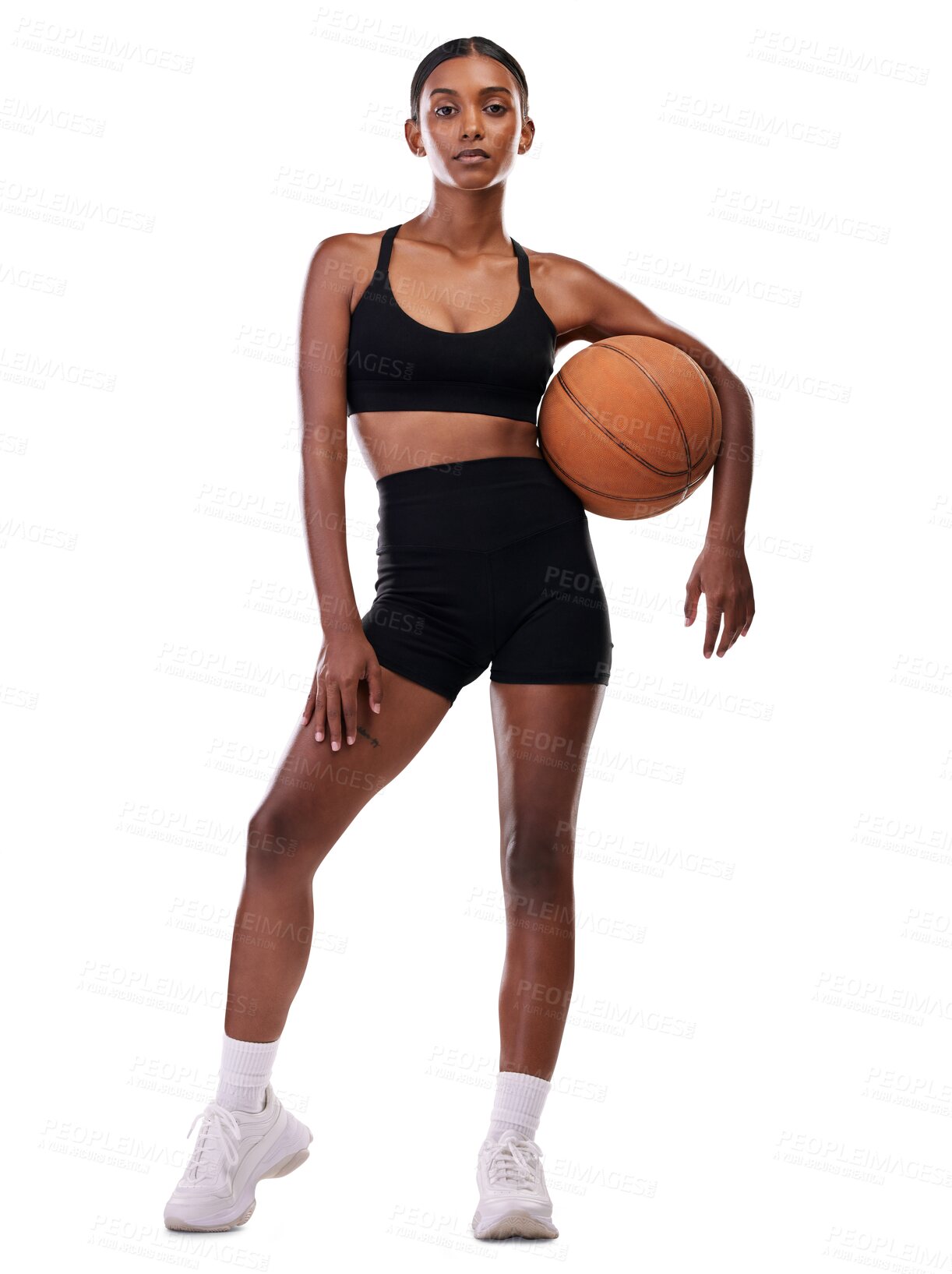 Buy stock photo Woman, basketball for sports in portrait and training with workout and body on png transparent background. Exercise, fitness with game or competition for health, wellness and confident Indian athlete