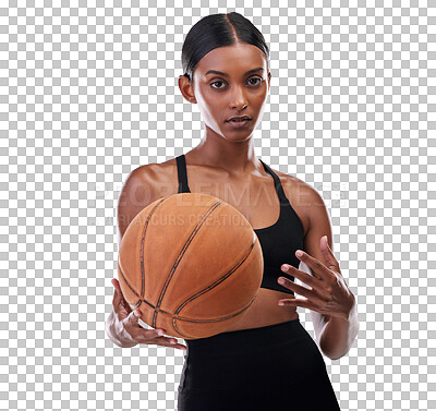 Buy stock photo Sports, basketball and serious portrait of woman with exercise, game and training in competition match. Performance, workout and fitness, girl athlete with ball isolated on transparent png background