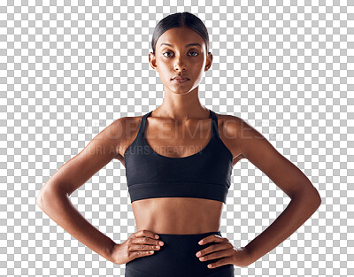 Buy stock photo Fitness, sports and confidence with portrait of Indian woman for training, workout and wellness. Exercise, diet and gym clothing with active fashion and health isolated on transparent, png background