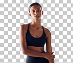 Portrait, fitness and young woman isolated on studio background for health, wellness and training mockup. Confident indian person, athlete or model with sports fashion, workout and exercise for body