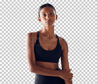Buy stock photo Fitness, workout and confidence with portrait of Indian woman for training, athlete and wellness. Exercise, diet and gym clothes with active fashion and health isolated on transparent, png background