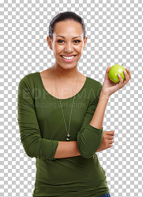 Buy stock photo Isolated woman, apple and happy in portrait for diet, nutrition or choice by transparent png background. Girl, person and green fruit with smile for detox, health or pride with vegan food in Mexico