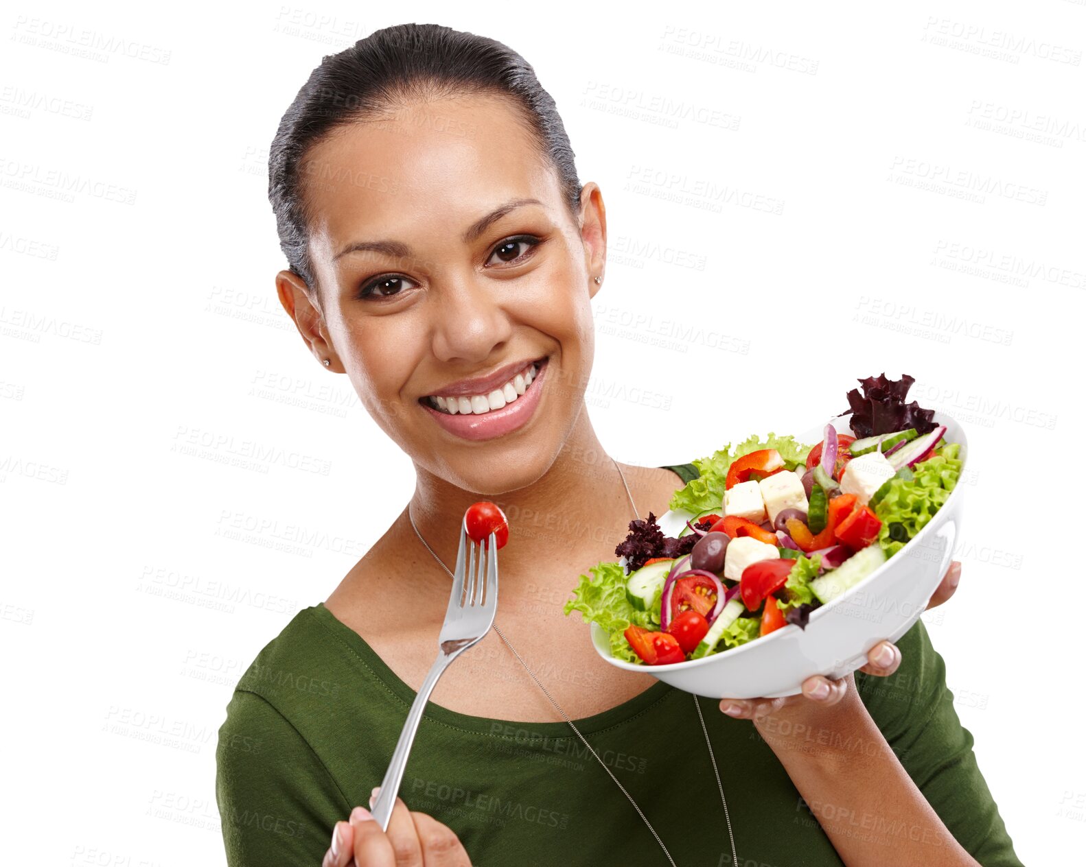 Buy stock photo Woman, salad and portrait with healthy eating for diet, wellness and nutrition with vegetables. Happy, smile and lose weight with a female person for health isolated on a transparent, png background