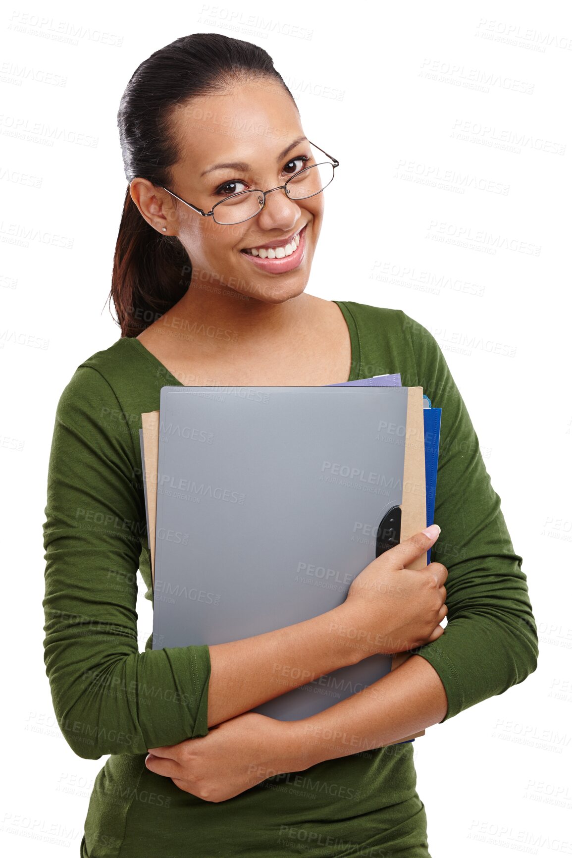 Buy stock photo Woman, student and portrait with university folder and smile and ready for class and studying. Happy, confidence and school portfolio with exam for learning isolated on transparent, png background