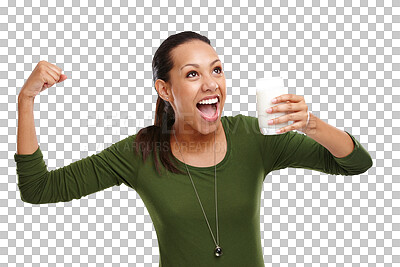 Buy stock photo Isolated woman, milk and strong arm with smile, health or detox results by transparent png background. Girl, person and happy with drink for calcium, diet or nutrition choice for wellness in Mexico