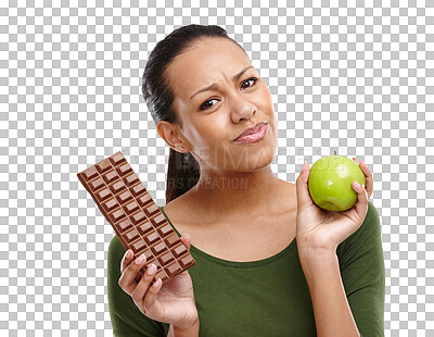 Buy stock photo Chocolate, apple and portrait of woman confused for decision on isolated, png and transparent background. Wellness, diet and person with fruit and sweet dessert for balance, choice and lose weight