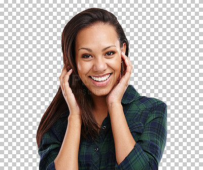 Buy stock photo Woman, happy and portrait with positive confidence or isolated transparent png background, good mood or relax. Female person, face and smile with cool fashion or pride, carefree or optimistic