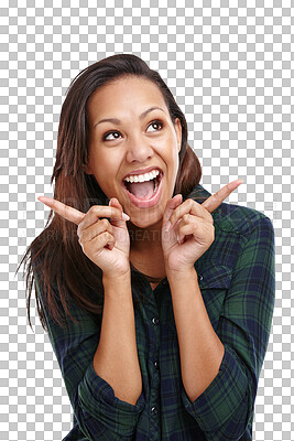 Buy stock photo Woman, excited and pointing for feedback or review for sign up deal or direction, checklist or announcement. Female person, hands and isolated transparent png background, promotion or information