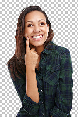Buy stock photo Happy woman, thinking of ideas or future with memory and nostalgia on png transparent background. Insight, inspiration and mind with positivity, remember or decision, thoughtful for problem solving