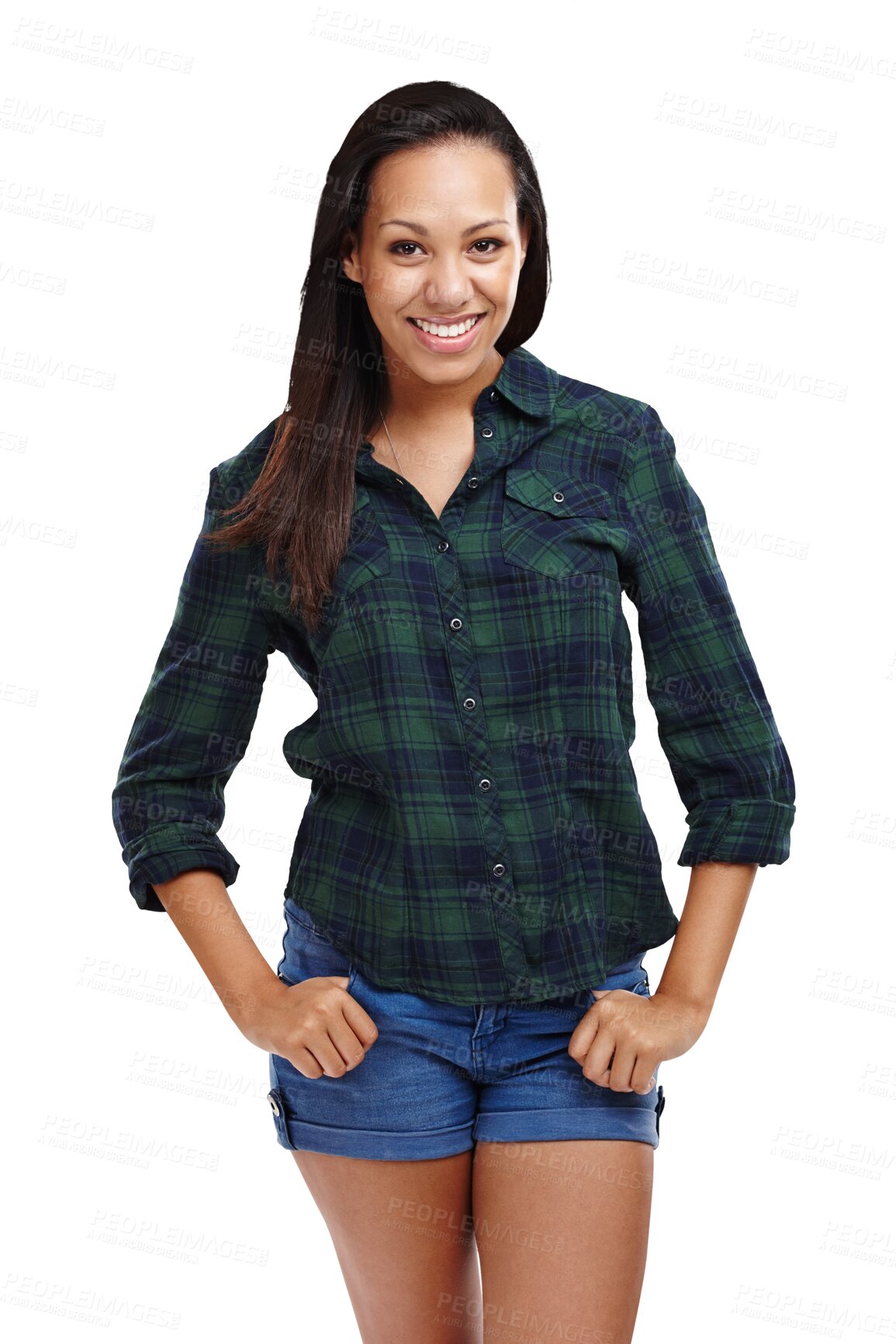 Buy stock photo Portrait, smile and fashion with woman in shorts isolated on transparent background in casual clothing. Happy, style and trendy with confident young model in chic or relaxed clothes outfit on PNG
