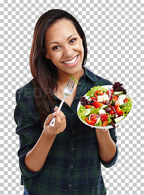 Buy stock photo Woman, salad and smile with portrait with healthy eating for diet, wellness and nutrition with vegetables. Happy, food and lose weight with a person and health isolated on transparent, png background