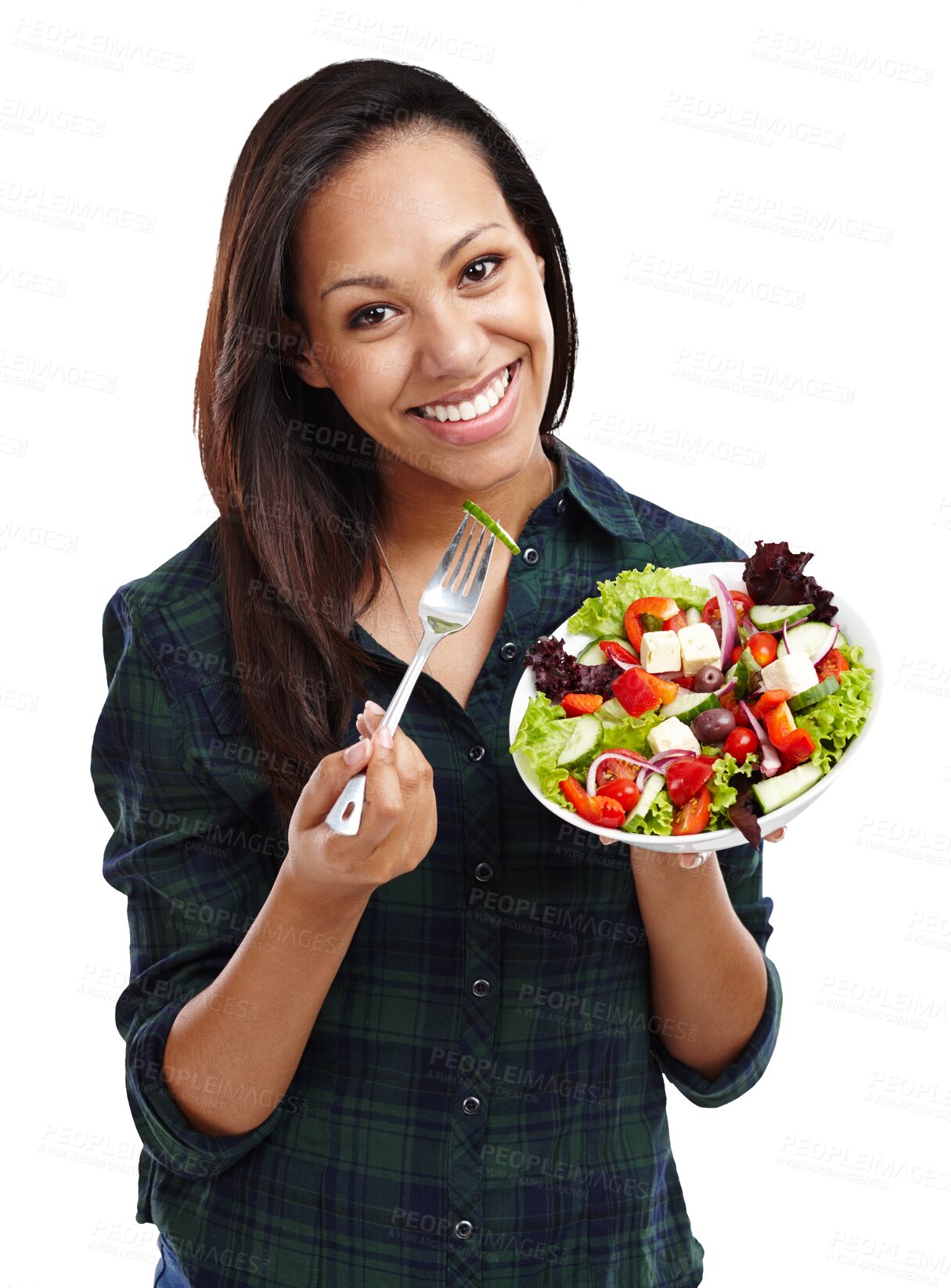 Buy stock photo Woman, salad and smile with portrait with healthy eating for diet, wellness and nutrition with vegetables. Happy, food and lose weight with a person and health isolated on transparent, png background